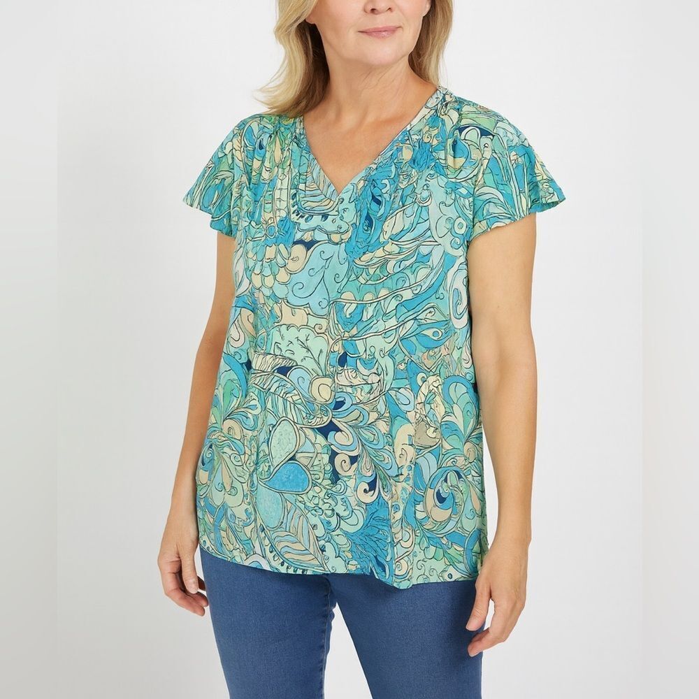 One Summer Blue Green Abstract Print Cotton Blouse Short Sleeve Size S